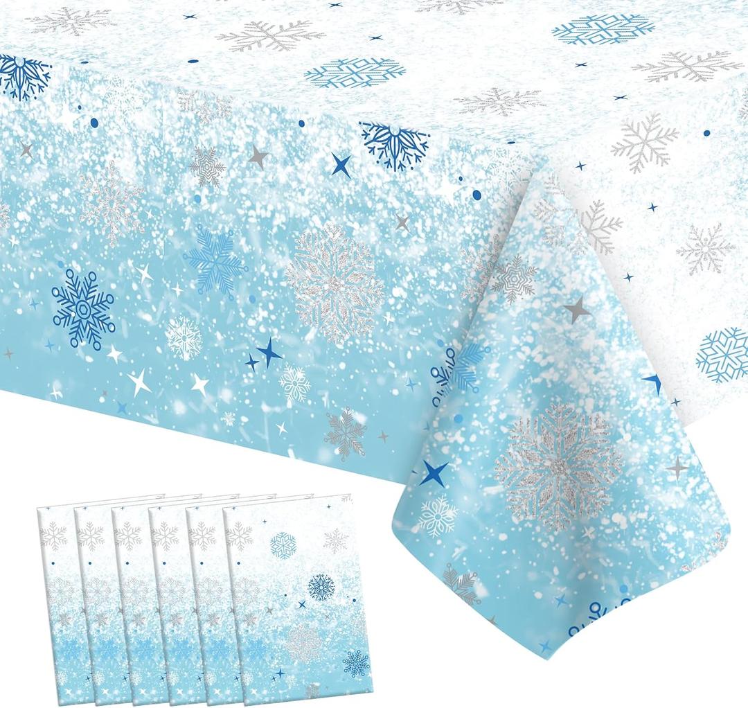6 PCS Blue Plastic Snowflake Tablecloth(54x108 Inch) Frozen Birthday Winter Wonderland Decorations Disposable Table Cover Tablecloths for Christmas Holiday New Year Party Favors Supplies Decor