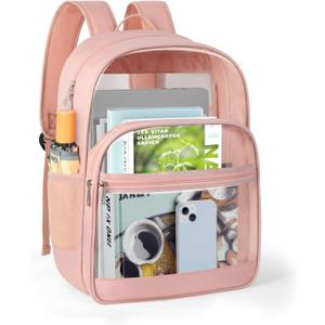 KIMNERPU Clear Backpack, Heavy Duty Transparent Bookbag for School, Fabric & PVC Transparent Backpack with Reinforced Strap for Women Men, Capacity Clear Bag for College, Travel, Security, Pink