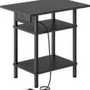 Asgolion Side Table with Charging Station, Skinny Nightstand with USB Ports and Outlets, 3 Tier Narrow End Table with Storage for Bedroom, Living Room, Office, Black
