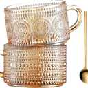 Gezzeny Vintage Coffee Mugs 14 Oz Set of 2 Amber Embossed Glass Tea Cups for Cappccino, Latte,Cereal, Yogurt, Beverage Christmas Thanksgiving Day Gifts