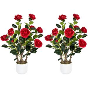 2 Pack Artificial Camellia Tree with White Pot, 24" Faux Potted Plants for Indoor Outdoor Decor, Tall Silk Greenery Plant for Home Office Living Room Balcony, Red