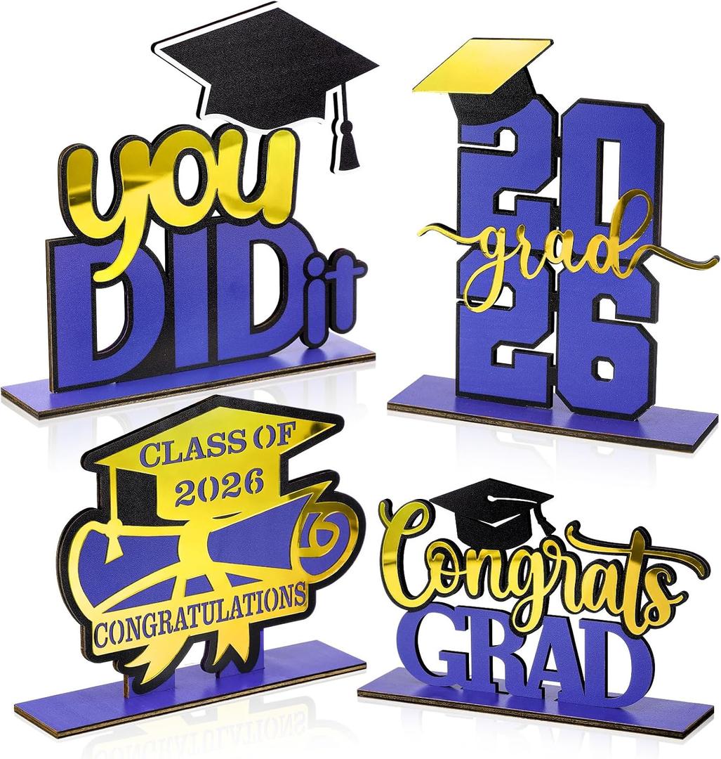 4 Pcs Blue and Gold Graduation Decorations Class of 2026 Congrats Grad Centerpieces Mirrored Wooden Table Sign for High School College Photo Booth Props Graduations Party Favors
