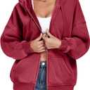 WOWULOVELY Womens and Mens Zip Up Hoodies Acid Wash Long Sleeve Oversized Sweatshirts Distressed Fleece Jacket with Pockets (Red, L)