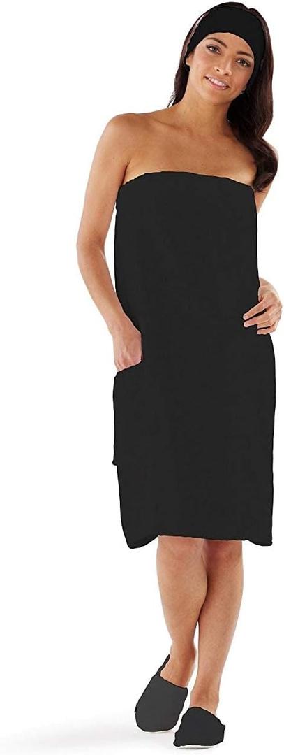 Boca Terry Womens Spa Wrap - 100% Cotton Spa, Shower, Bath and Gym Towel w Snaps, Towel Wrap for Women, Black, XXL
