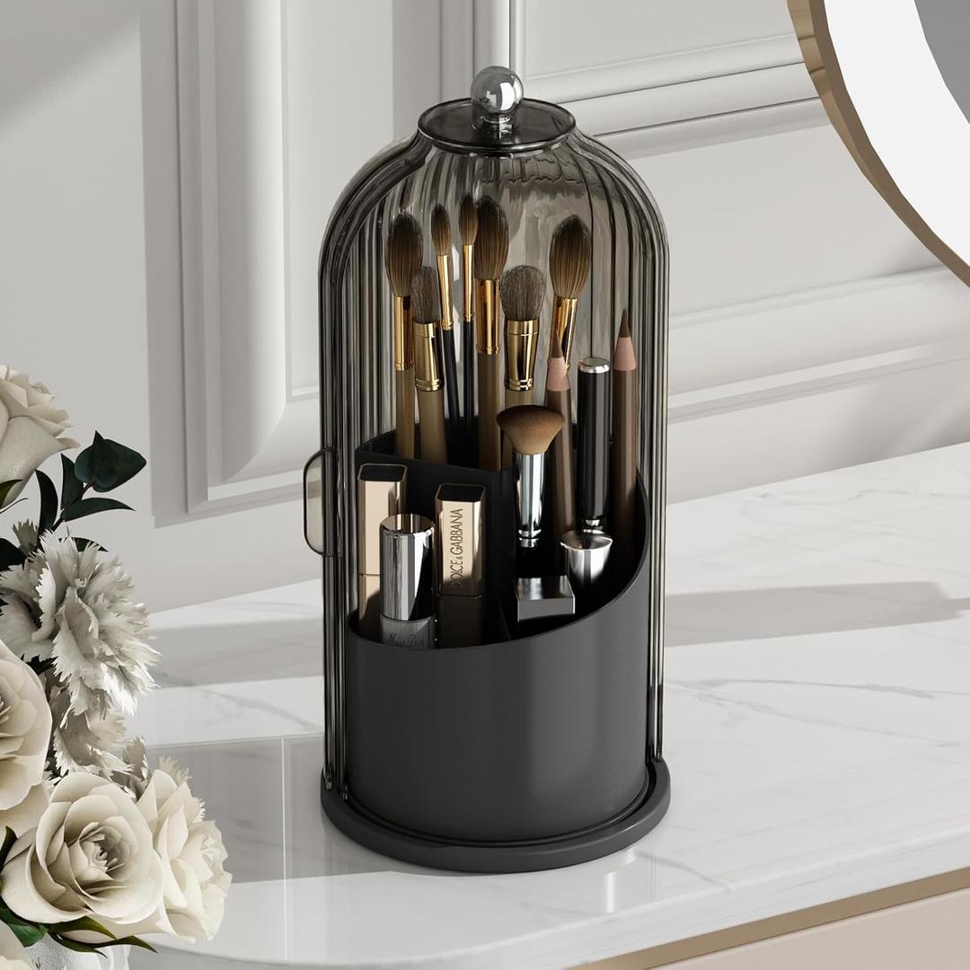 GAXmi Makeup Brush Holder with Lid Cosmetic Tools Organizer 360 Rotating Waterproof Dustproof Beauty Brushes Storage for Vanity, Black-Grey