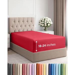 Extra Deep Twin XL Fitted Sheet - Hotel Luxury Single Fitted Sheet Only - Easily Fits 18 inch to 24 inch Mattress - Ultra Soft, Wrinkle Free w/Extra Deep Pockets - Easy-Care, Breathable & Comfy - Red