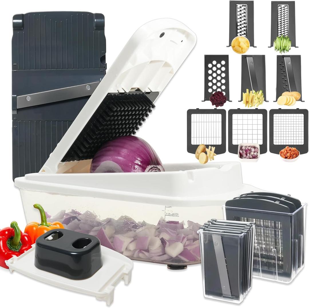 8-in-1 Vegetable Chopper with Container - Veggie Onion Salad Chopper, Mandoline Slicer, French Fry Cutter, Kitchen Gadgets with Cleaning Tools (White)