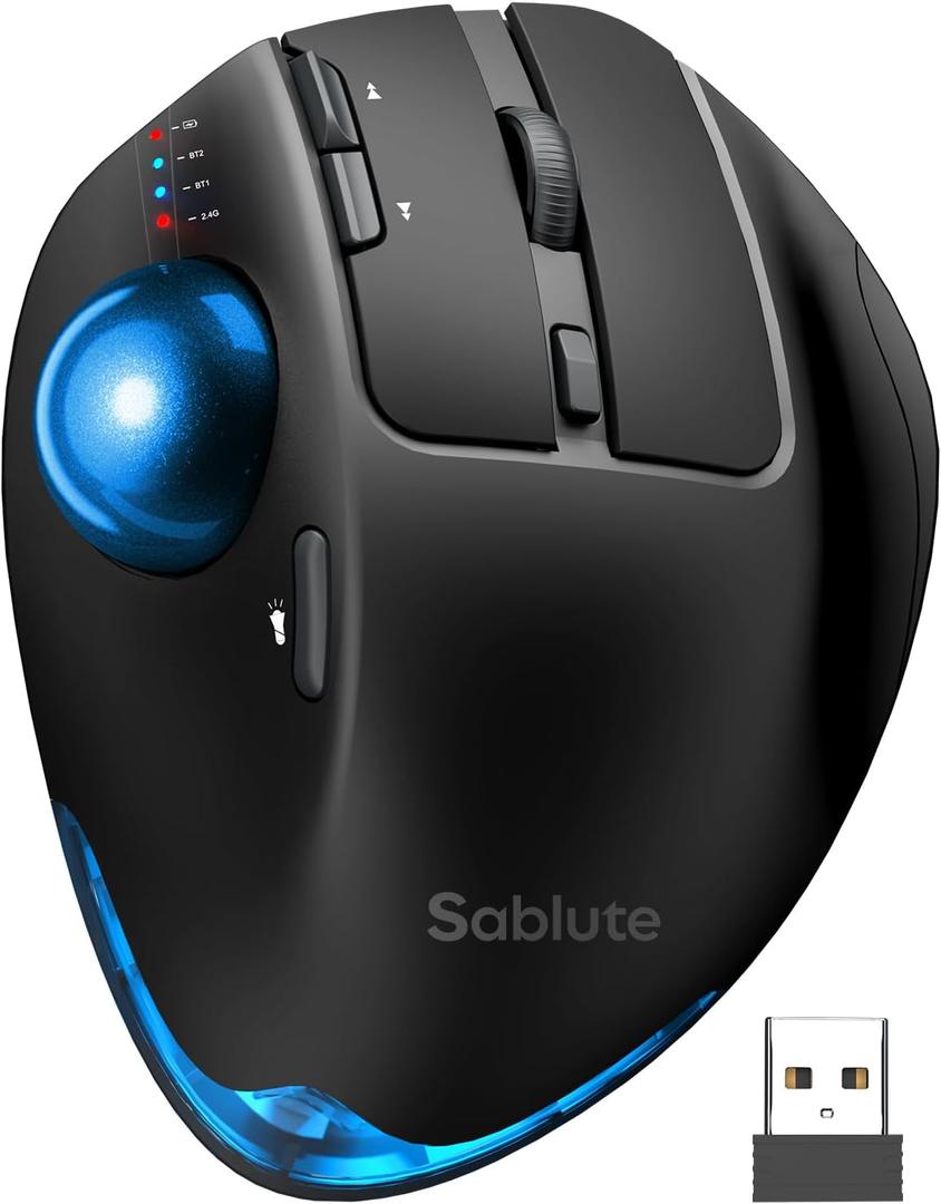 MAM1 Pro Wireless Trackball Mouse, Ergonomic Bluetooth Rechargeable Computer Mouse, Backlit Rollerball Thumb mice with 5 Level DPI, Adjustable Angle, 3 Devices Connection for PC, Windows - Blue Ball