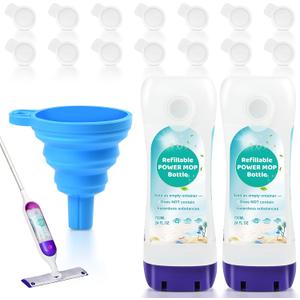 Refillable Bottle for Swiffer Power Mop - 720 ML/24 FL OZ - Leak-Proof HDPE Material Solution Bottle, 2 Empty Bottle + 14 Silicone Pads + 1 Funnel, Easy Install for Use with Any Cleaning Solution