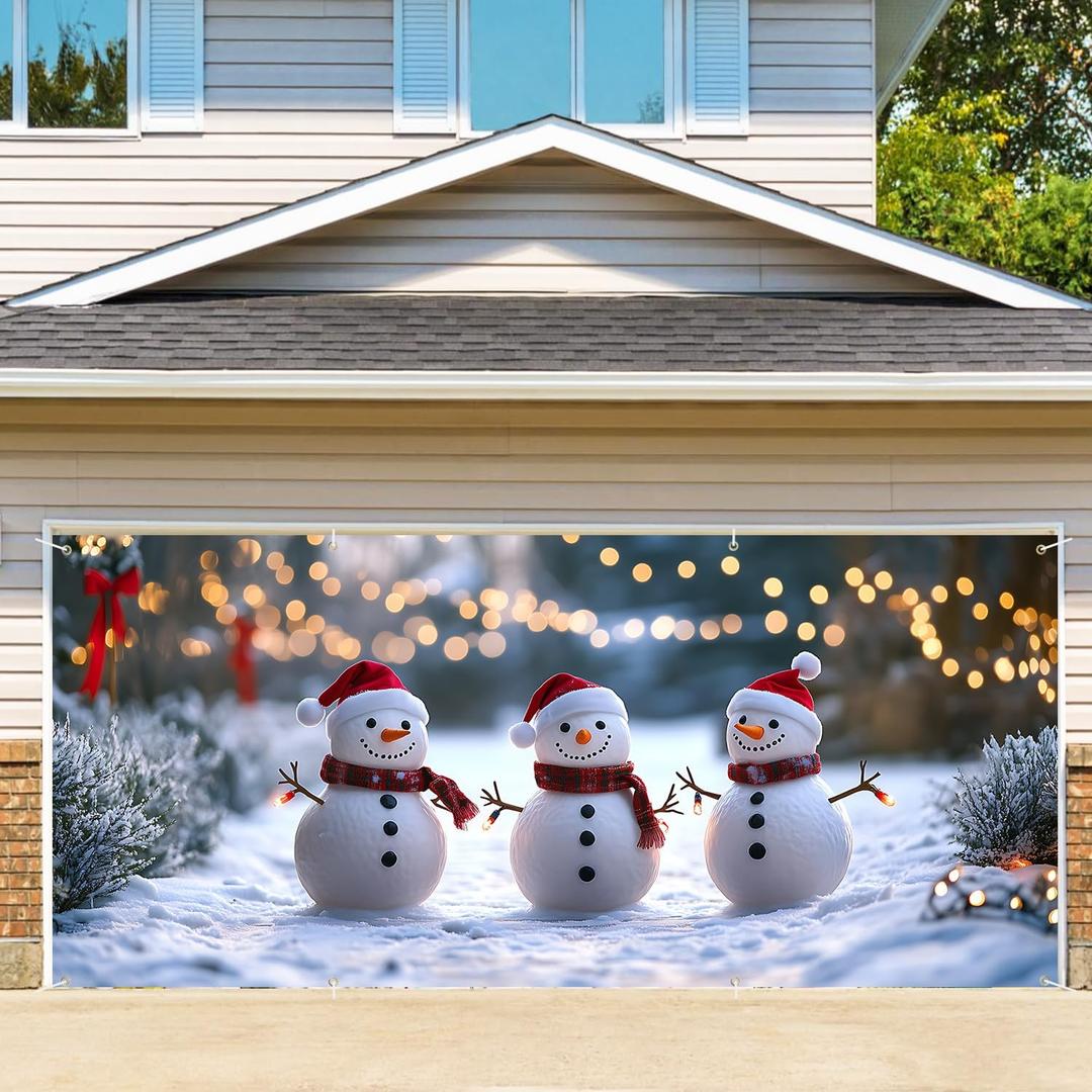 6 x 13 ft Christmas Garage Door Decorations Merry Christmas decorations Xmas Garage Door Cover, Happy New Year Hanging Banner for Home,Outdoor,Indoor,Party (Three Snowmen, 6 x 13 ft)