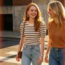 Dokotoo Women's Short Puff Sleeve Knit Tops 2026 Trendy Crewneck Striped T Shirts Casual Summer Blouses M
