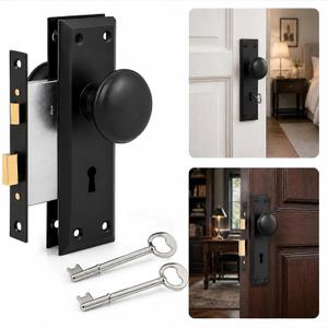 Matte Black Vintage Mortise Lock Set with Round Door Knobs