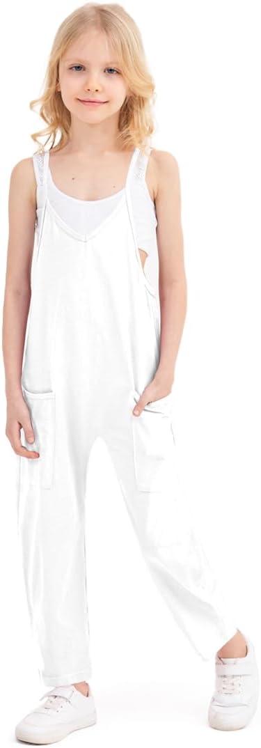 Jumpsuits for Girls Kids Casual Sleeveless Jumpsuits Spaghetti Strap Romper Long Pants with Pockets (White), M