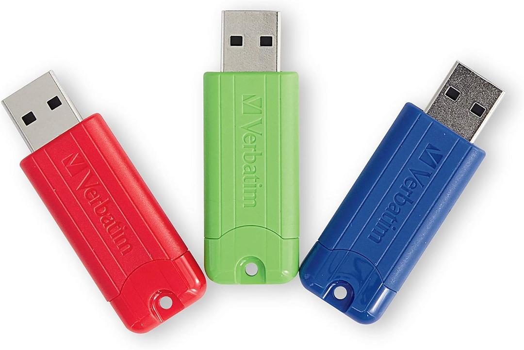Verbatim 128GB Pinstripe USB 3.2 Gen 1 Flash Drive Retractable Thumb Drive - 3 Pack - Multicolor (Green, Blue, Red)