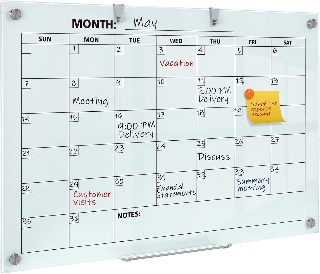 Glass Dry Erase Calendar for Wall, 36 x 24 Inches Magnetic Glass Calendar Whiteboard, 3' x 2' Frameless Monthly Planner Board for Office, Home, School
