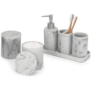 ZCCZ - Bathroom Accessories Set 6 Pcs - White Marble Design Toothbrush Holder, Lotion Soap Dispenser, 2 Qtip Holder Dispenser, Vanity Tray, Bathroom Tumbler - Decorative Countertop Vanity Organizer