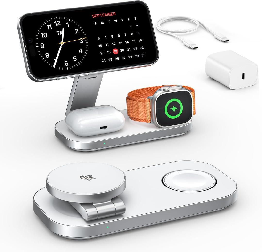 3-in-1 Charging Station for Apple Device, Qi2 25W Certified Magnetic Wireless Foldable Fast Charger Stand Compatible with MagSafe for iPhone 17e/17/16/15/14/13/12/Air Series, Apple Watch & AirPods (White+Silver)