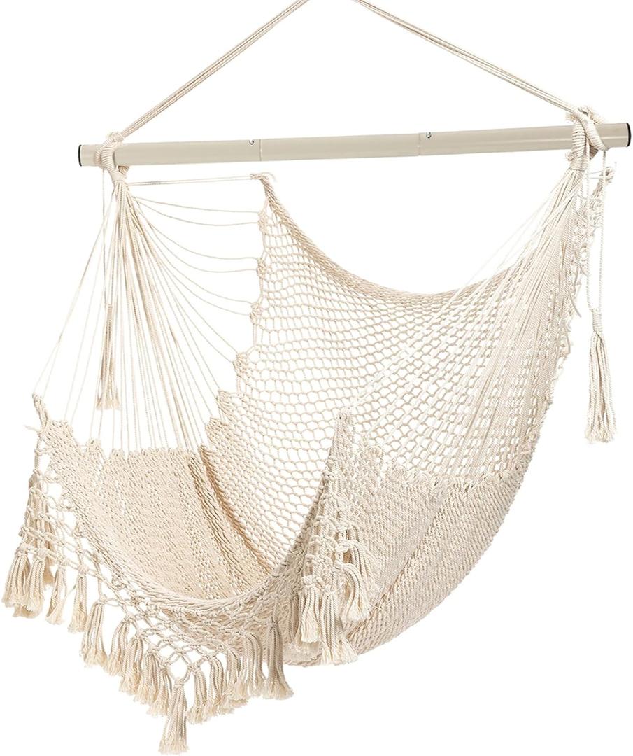 Hammock ChairMax 330lbs, Large Hanging Chair, Soft Cotton Rope Swing Chair with High Load-Bearing Metal Rod,Indoor Outdoor Garden Yard Living Room Use Beige