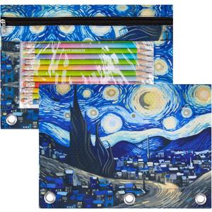 3 x IKAYAS Starry Night Pencil Pouch with Zipper, Pencil Pouch for 3 Ring Binder, Pencil Pouches Pencil Bags for Classroom bulk Pencil Box Pencil Case for Storing School Students Teacher Supplies 2 Pack