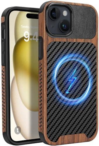 ZZDZZ Magnetic Case Compatible with iPhone 15 Plus Case [Compatible with MagSafe] Wood and Leather Carbon Fiber Design Hybrid Shockproof Phone Case (Black)