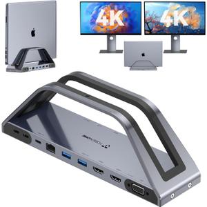 TobenONE 14-in-1 MacBook Pro/Air Docking Station Dual 4K Monitor, Laptop Docking Station Stand for MacBook M1-M5/Neo, Driver-Based, USB C Dock with 65W Power Adapter, 2 HDMI,VGA, 5Gbps USB, RJ45