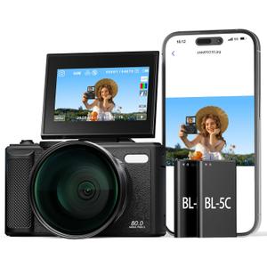 5K Wi-Fi Digital Camera for Photography, 80MP Autofoucs Vlogging Camera for YouTube with 3" 180 Flip Screen, 18X Digital Zoom Travel Camera for Beginner, Teens with 64GB Memory Card 2 Batteries