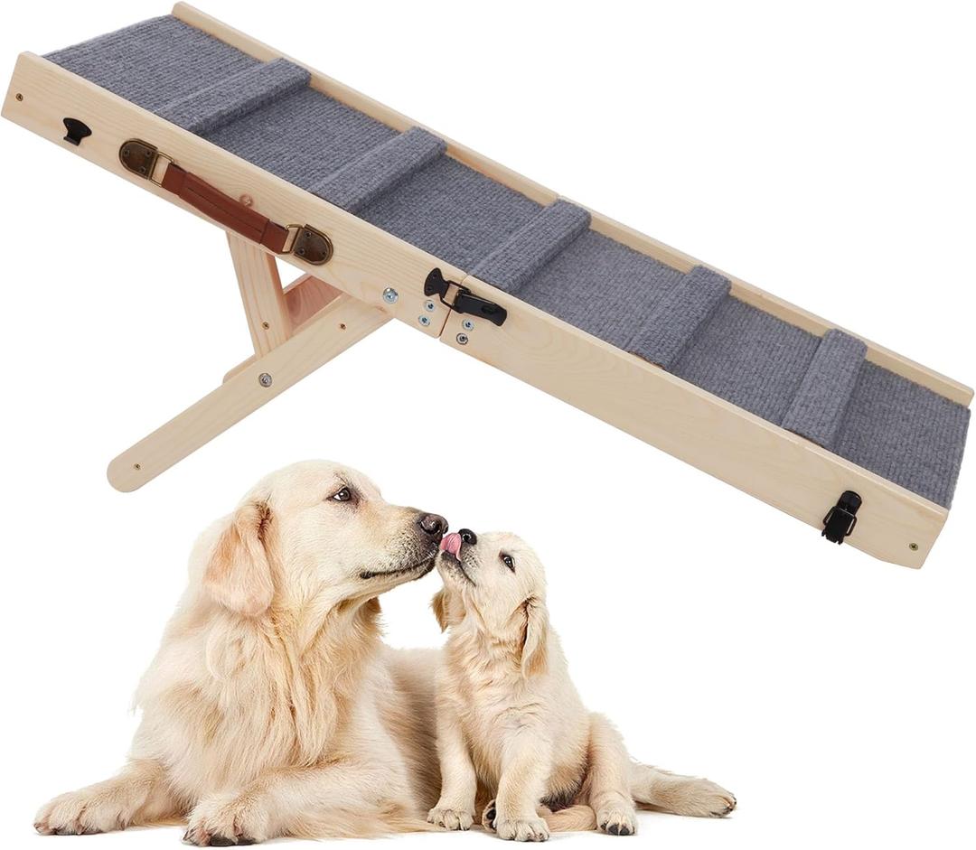 Rockever Dog Ramp, Folding Dog Ramp, Wooden Non-Slip Dog ramp for Couch for Small Medium Old Dogs, Adjustable from 11" to 14" 3 Levels Pet Ramp for Couch, Bed, Car