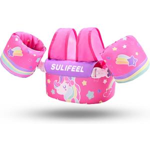 SULIFEEL Toddler Swim Vest for 20-66 lbs Kids Floaties Swim Jacket with Arm Water Wings for Girls Boys 2 3 4 5 6 7 Years Old Sea Beach Pool (Rainbow Unicorn Rose red)