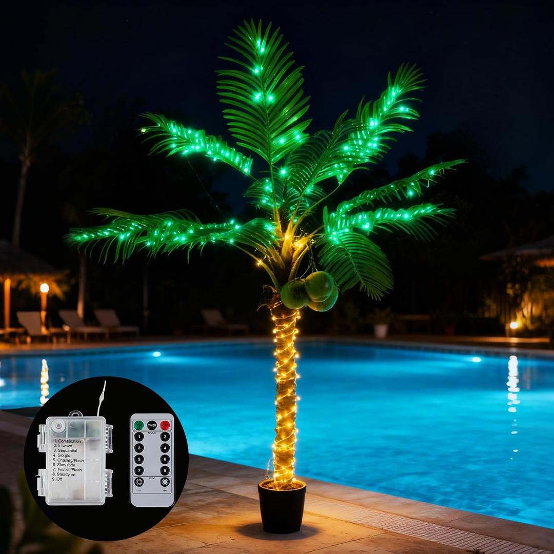 Daifunli 6Ft Lighted Palm Tree Outdoor Decoration Artificial Tropical Palm Tree 190 Led Lights with Glowing Coconuts for Patio Bar Deck 8 Modes Dimmable Timer Waterproof Outside Poolside
