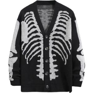 SHENHE Men's Skeleton Pattern Cardigan Sweaters Long Sleeve Unisex Outwear Knitted Coats (Medium, Black)