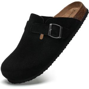 Torotto Womens Clogs Cork Footbed Suede Slippers Arch Support Potato Shoes with Adjustable Buckle (11, Black)