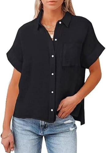 Lingjiazi Womens Short Sleeve Button Down Shirts V Neck Collared Blouses Tops for Women, Size: S