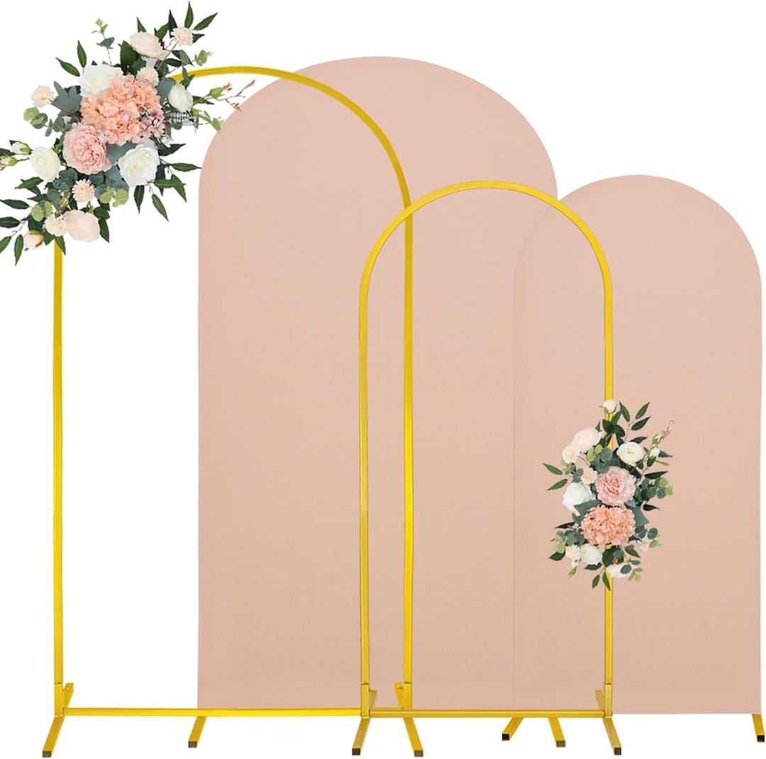 7.2FT, 6FT Wedding Arch Stand and Matching Cameo Brown Spandex Fitted Arch Backdrop Cover Set, Round Top Chiara Backdrop Stands and Covers for Birthday Party Baby Shower Arch Decor (Cameo Brown)