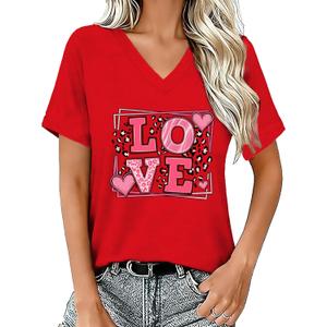 Valentines Shirts for Women V-Neck Valentine Day T-Shirt Love Tee Heart Tops (S)