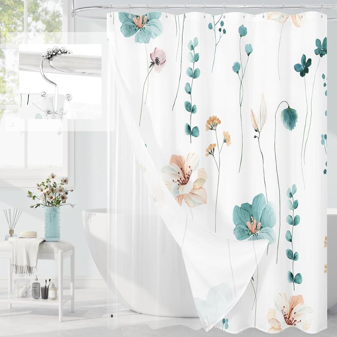 Gibelle 3 in 1 Shower Curtain Set, Teal Watercolor Floral Bath Curtain and PEVA Liner Set with 12 Double Sided Steel Hooks, Waterproof Fabric Bathroom Curtain 72x72