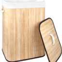 21 Gallon Bamboo Slim Trash Can with Lid,Slim Laundry Hamper,Removable and Machine Washable Liner,Foldable Slim Rectangular Laundry Basket for Laundry Room,Bedroom,Salon Spa, 12.99 inches x 1.57 inches x 23.62 inches
