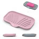 Jalopink 2 Pack Soap Holder with Drain - Self Draining Waterfall Soap Dish & Sponge Holder for Kitchen Sink Organizer, Non-Slip Dish Soap Tray for Dispenser Bottle, Gray Pink, 6x3.4 Inches