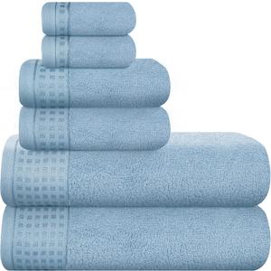 GLAMBURG 100% Cotton Ultra Soft 6 Pack Towel Set, Contains 2 Bath Towels 28x55 Inches, 2 Hand Towels 16x24 Inches & 2 Wash Coths 12x12 Inches, Compact Absorbent Lightweight & Quickdry - Sky Blue (6 Pack Set)