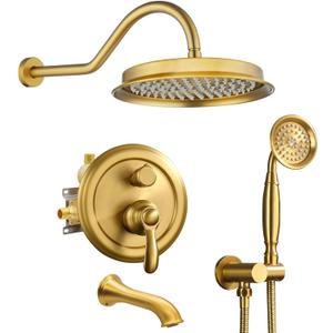 Brushed-Gold Antique Shower-system with Tub Spout: 9 inch Rain Faucets Set in Wall, Rainfall Head and Handheld Spray, 3 Way Diverter Brass Valve with Trim Kit
