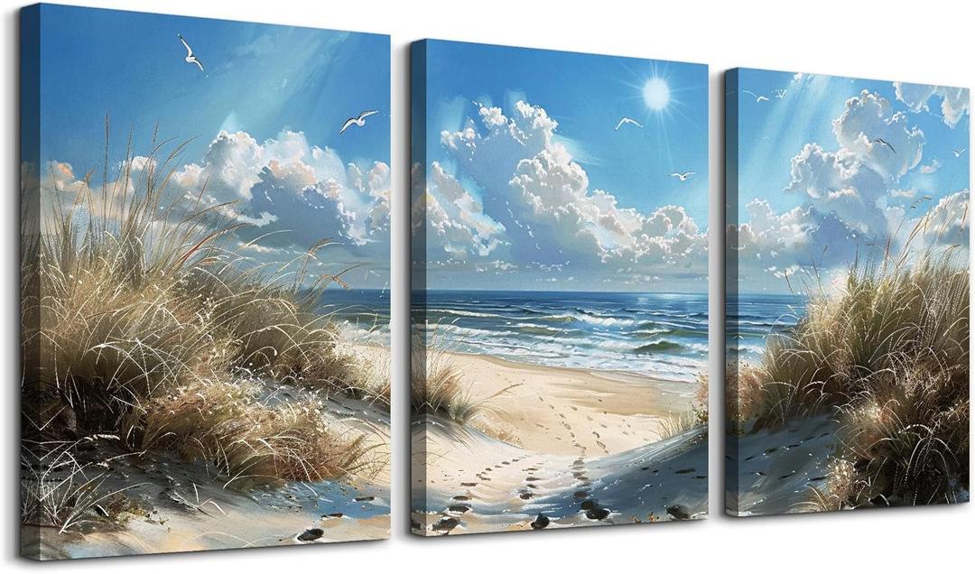 TTHYUEWS Canvas Wall Art For Bedroom Wall Decor For Living Room Modern room Decorations Blue Ocean Beach Wall Paintings Sea Wave Wall Pictures Artwork for office Ready To Hang Home Decor 3 Piece