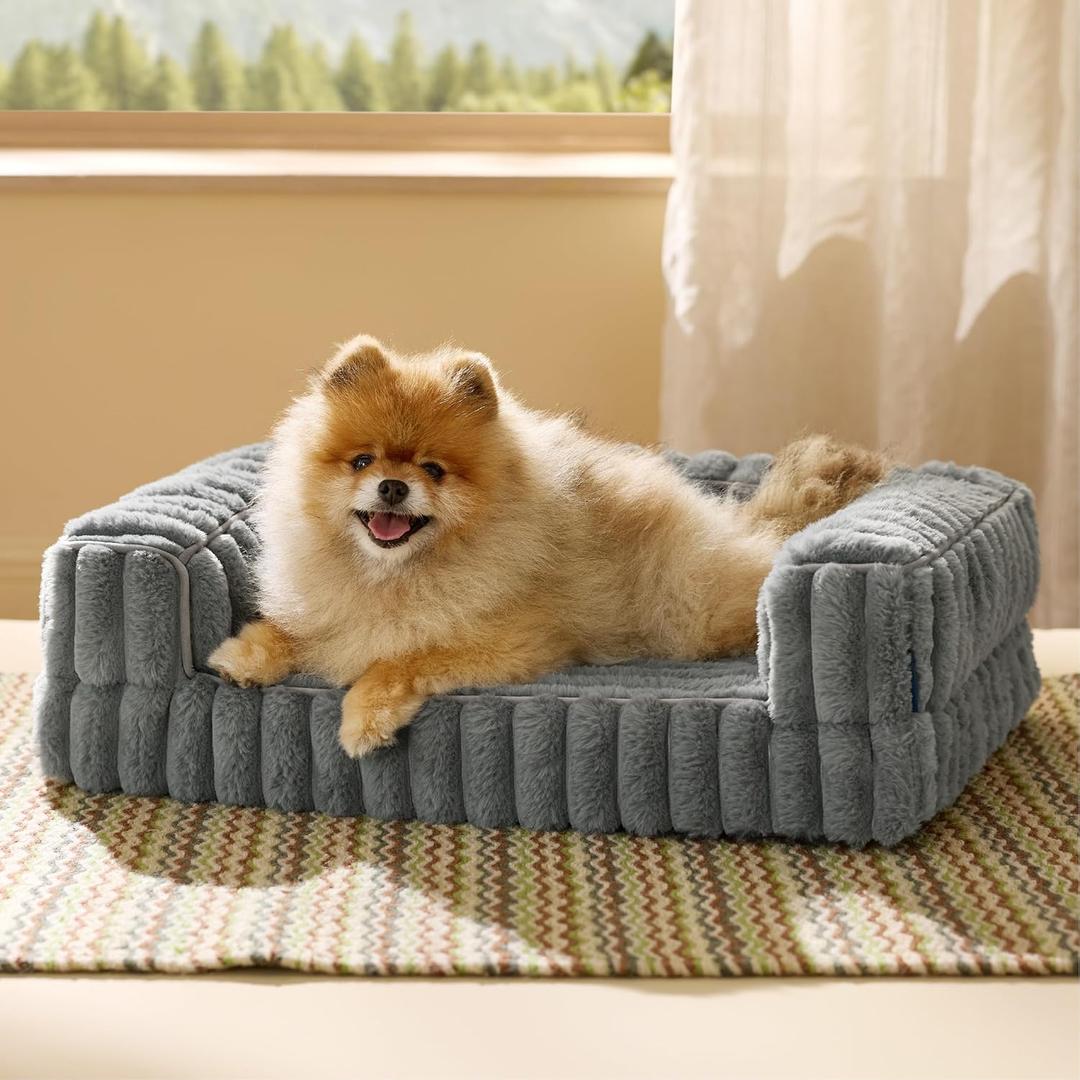 Bedsure ComfyFleece Orthopedic Dog Bed for Small Dogs, Waterproof Memory Foam Small Pet Beds with Sides, Non-Slip Bottom and Egg-Crate Foam Medium Dog Couch Sofa with Washable Corduroy Cover, Grey