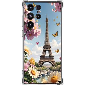 Case for Galaxy S26 Ultra, Eiffel Tower Butterfly Flowers Drop Protection Shockproof Case TPU Full Body Protective Scratch-Resistant Cover for Samsung Galaxy S26 Ultra