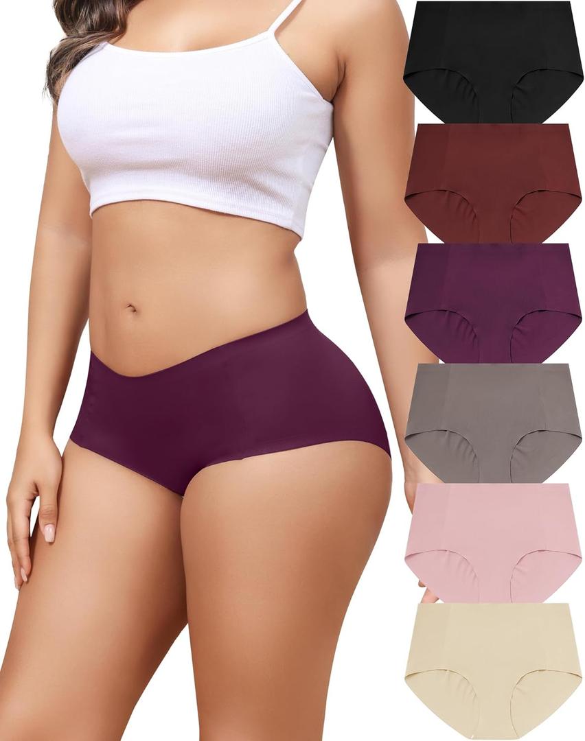 LEVAO Women's Underwear Seamless No Show Hipster Bikini Panties Stretch Invisible Briefs 6 Pack S-2XL (Black/Reddish Brown/Khaki/Dark Purple/Pink/Skin Color)