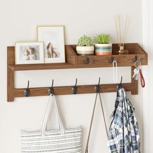 AMBIRD Wall Hooks with Shelf 26.57inch Entryway Wall Hanging Shelf Wood Coat Hooks for Wall with Shelf Coat Rack Wall Mount Rack with 5 Dual Hooks 3 Key Hooks Mail Organizer and Key Rack Key Holder (26.57" L, Brown)