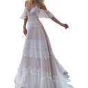Women's Wedding Dresses Chic Lace Evening Dresses V Neck Ruffle Sleeves Beachy Boho Outdoorsy Wedding Gowns size s