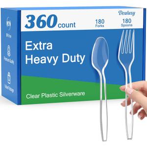 360 Count Extra Heavy Duty Clear Plastic Forks and Spoons, 180 Forks & 180 Spoons, Heat Resistant, Disposable Plastic Silverware Set