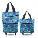 Reusable Grocery Bags with Waterproof Coating and Folding Wheels - Foldable Tote Bags for Shopping, Multi-Purpose Storage for Groceries(Blue Flower)