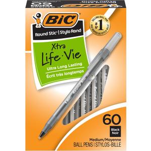 BIC Round Stic Xtra Life Black Ballpoint Pens, Medium Point Pens (1.0mm), 60-Count Pack of Bulk Pens, Flexible Round Barrel for Writing Comfort, No. 1 Selling Ballpoint Pens