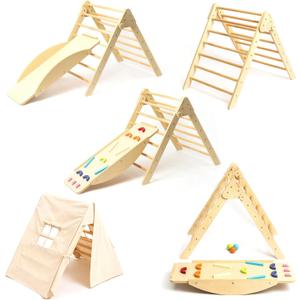 GROWGO Pikler Triangle Climber with Ramp - Toddler Climbing Toys Indoor Montessori Climbing Toy Set Pickle Triangle Montessori, Baby Climbing Toys Indoor, Pickler Set Wooden Play Gym, Kids Climbers
