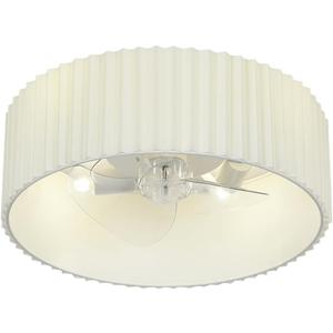 Small White DC Flush Mount Pleated Fabric Drum Ceiling Fan with Light Fixture and Remote Control,Low Profile Enclosed Bladeless Round Fandelier for Kitchen Bedroom Indoor